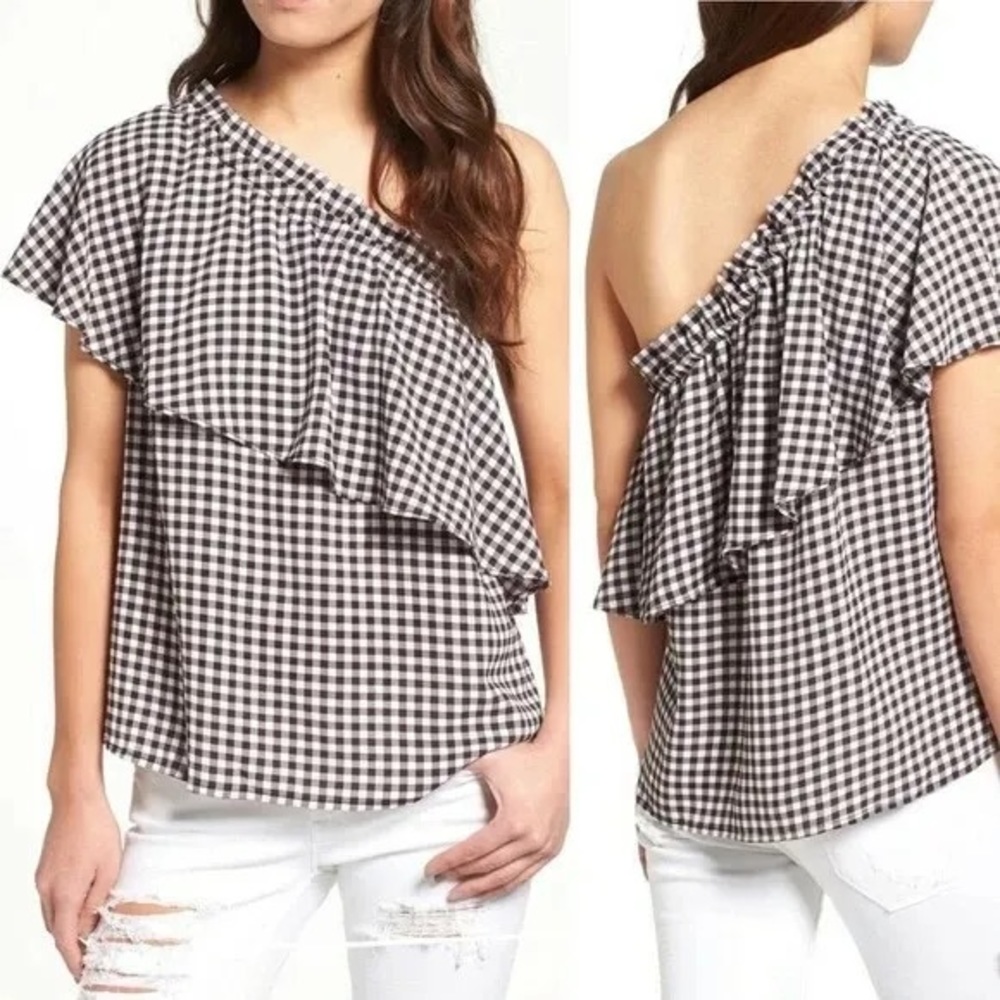 BP. Ruffle One Shoulder gingham top